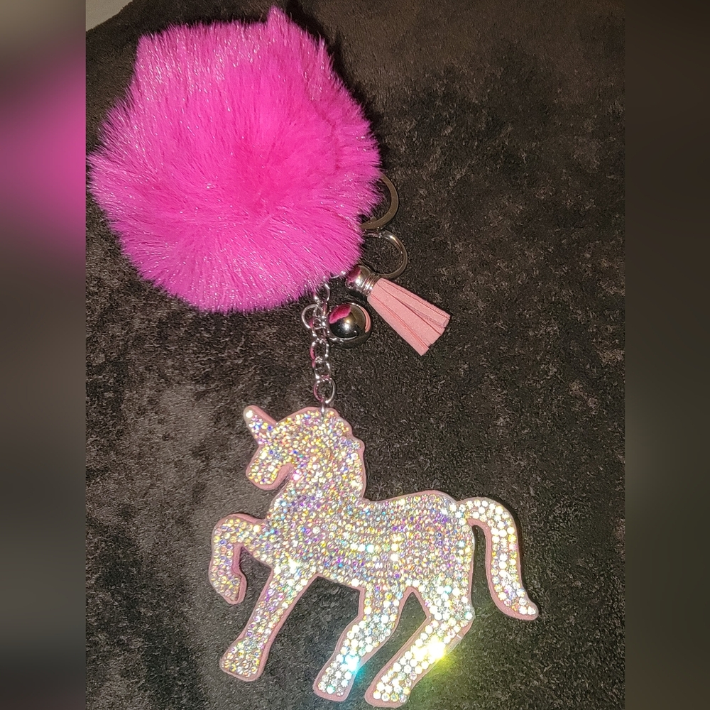 Sparkling Unicorn Keychain Bag Charm with Pink Pom Pom